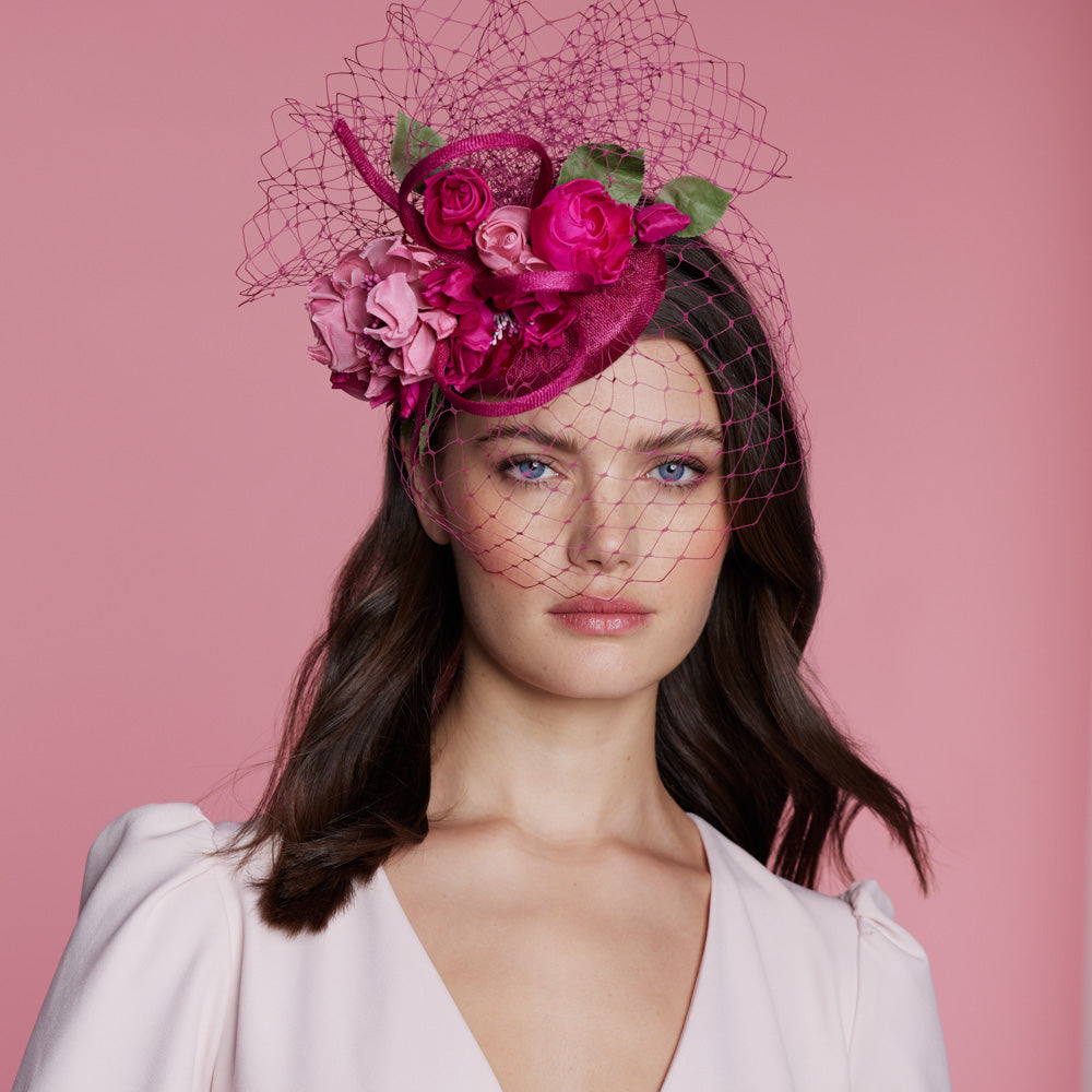 Hot pink mini pillbox with roses and veil