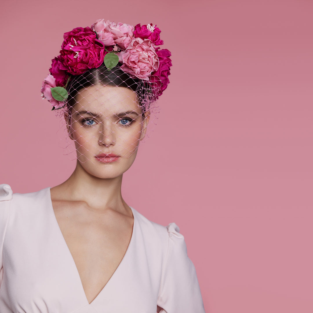 Pink silk rose headdress with face veil