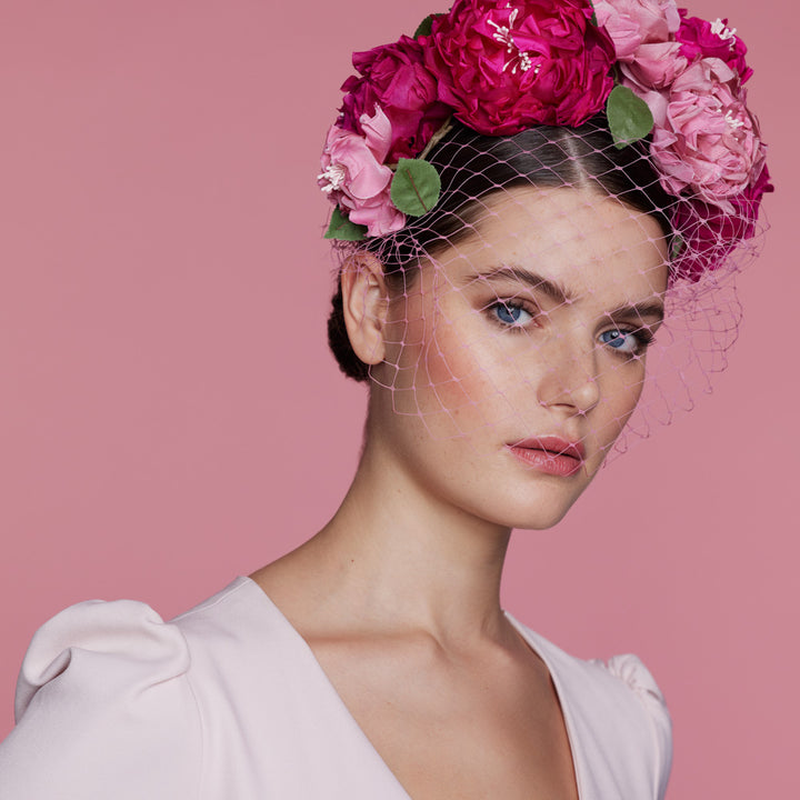 Pink silk rose headdress with face veil