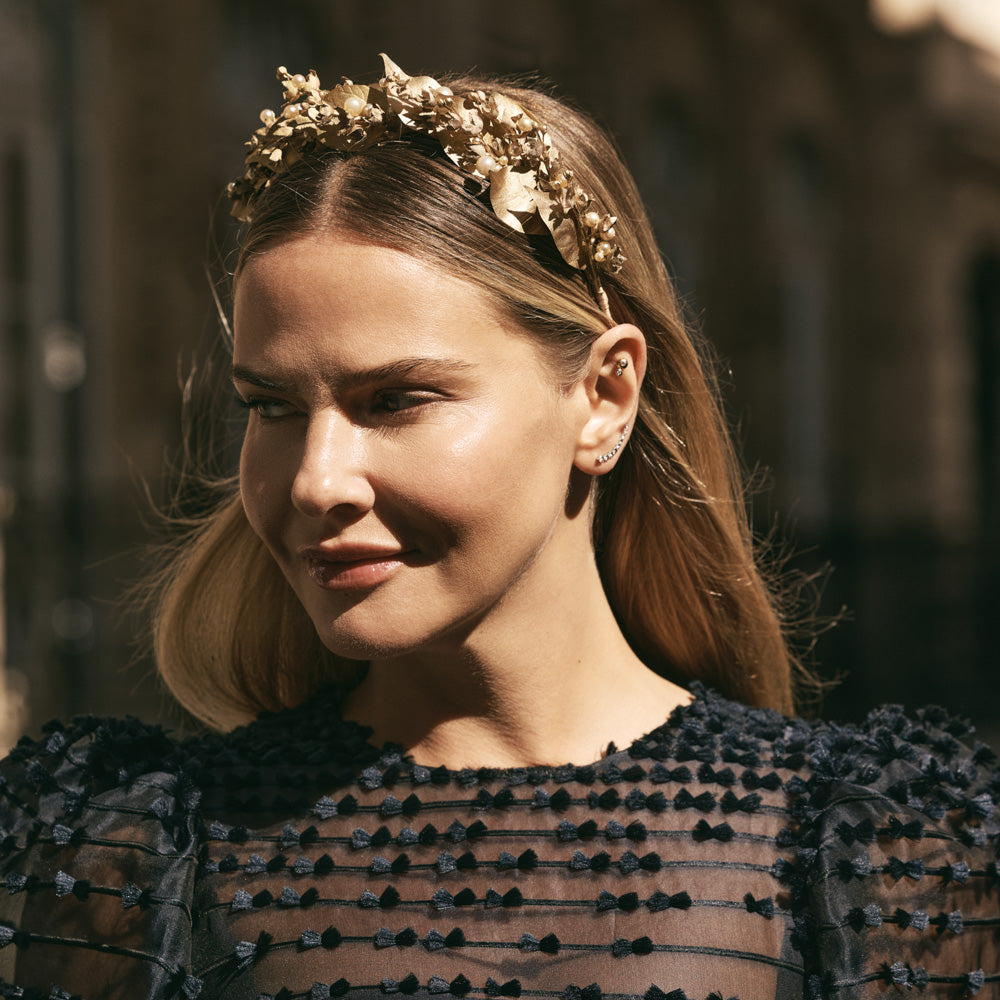 Delicate gold leaf and pearl headdress