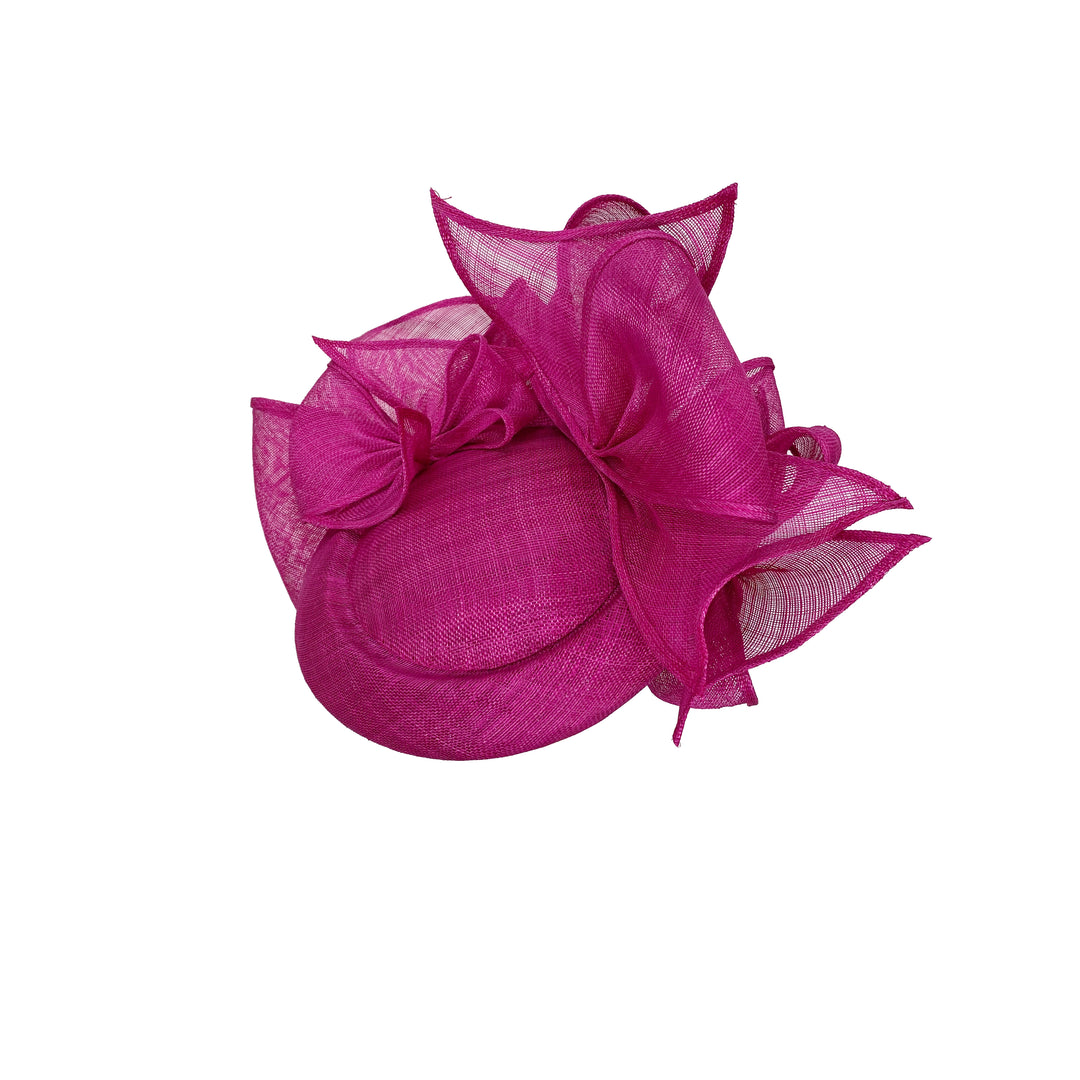Deep pink straw button pillbox with rolled bows