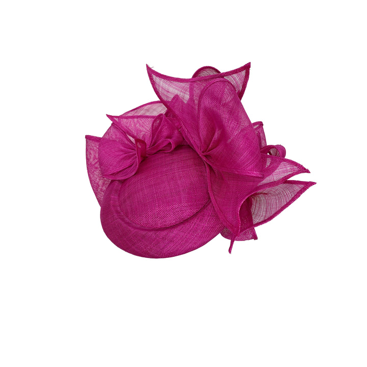 Deep pink straw button pillbox with rolled bows