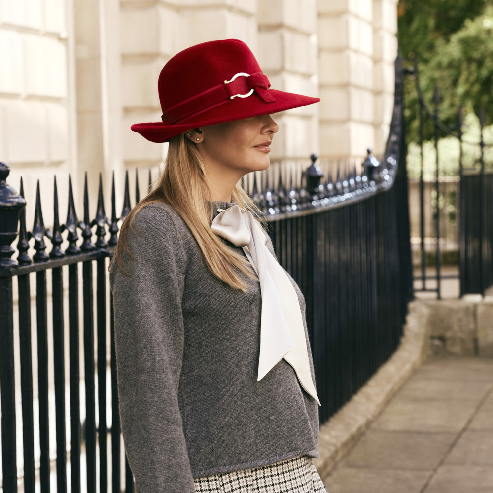 Red velour felt fedora with gold buckle detail