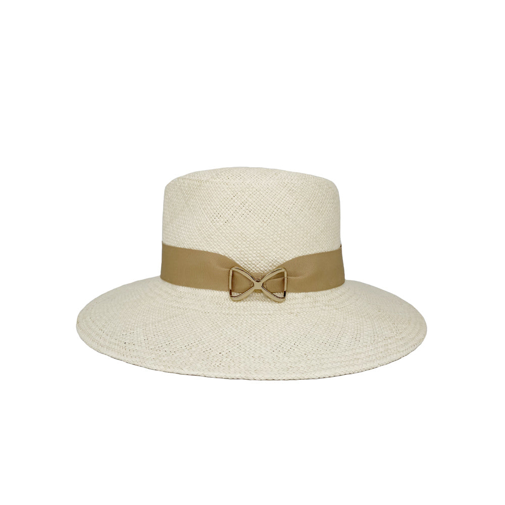 Side view of a natural downbrim fedora with a copper bow detail