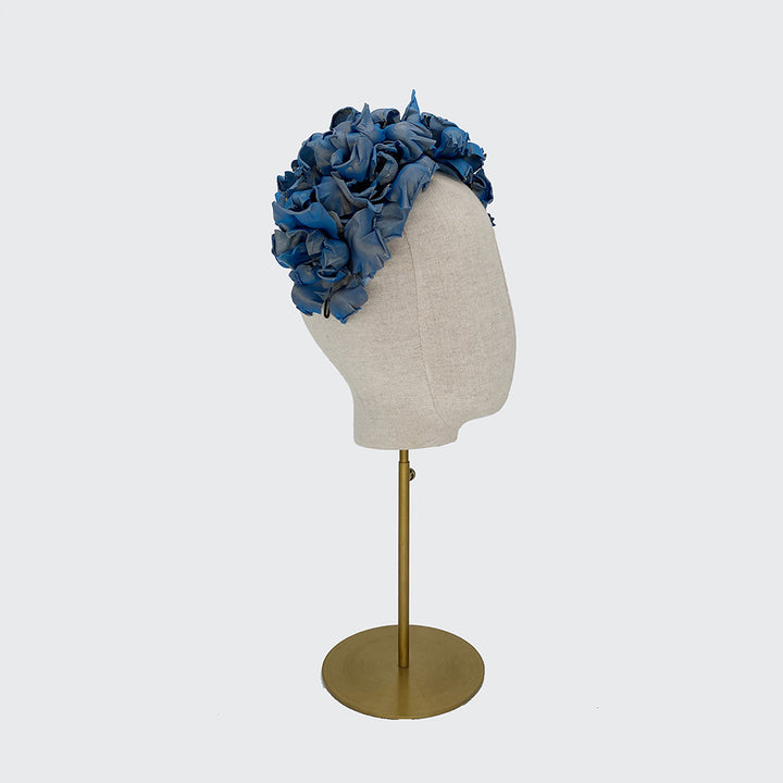 Iridescent blue silk petal headdress