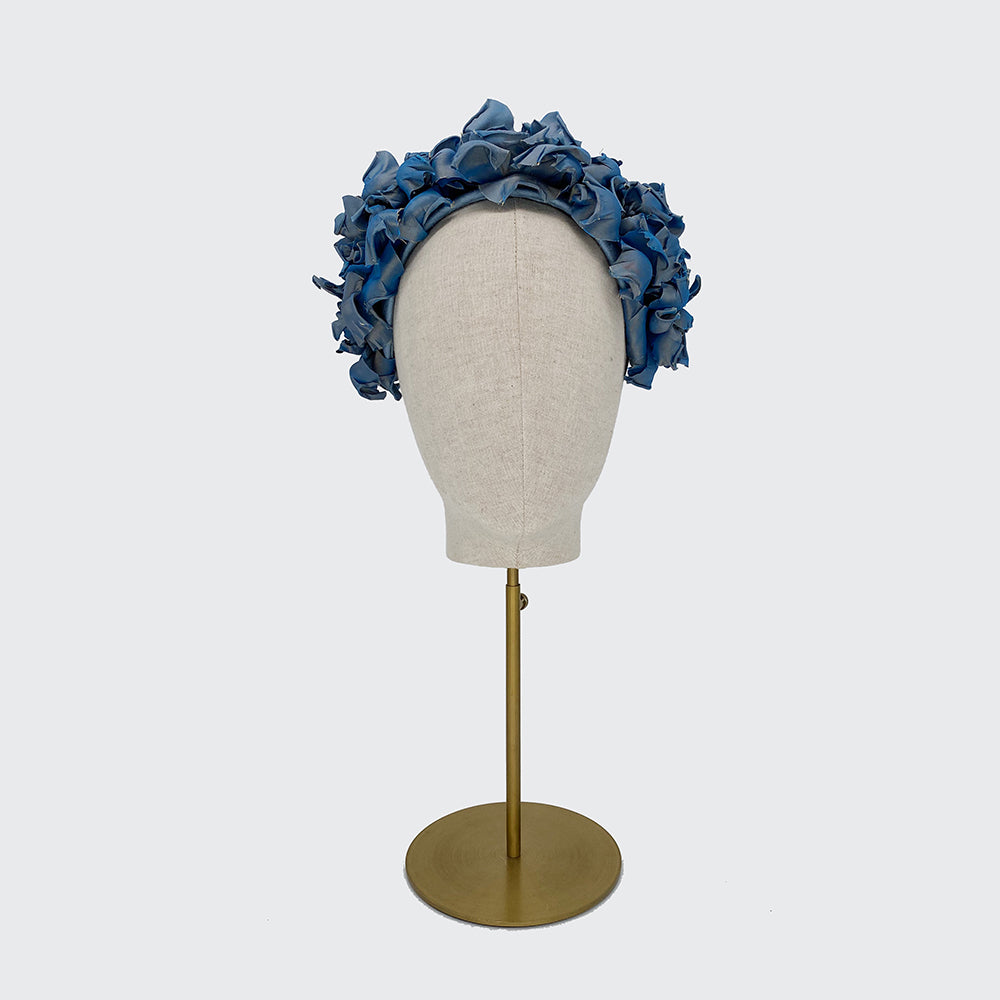 Iridescent blue silk petal headdress