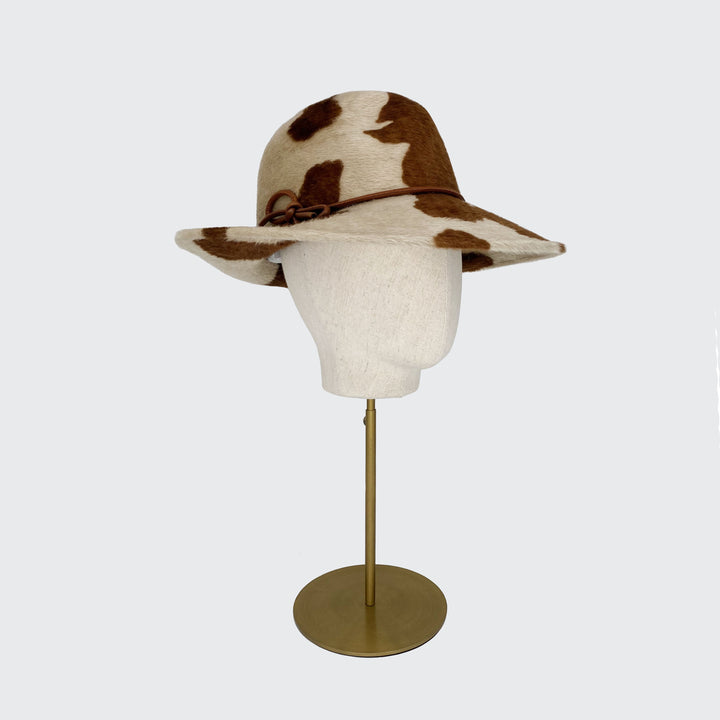 Brown cow print fedora hat leather strap