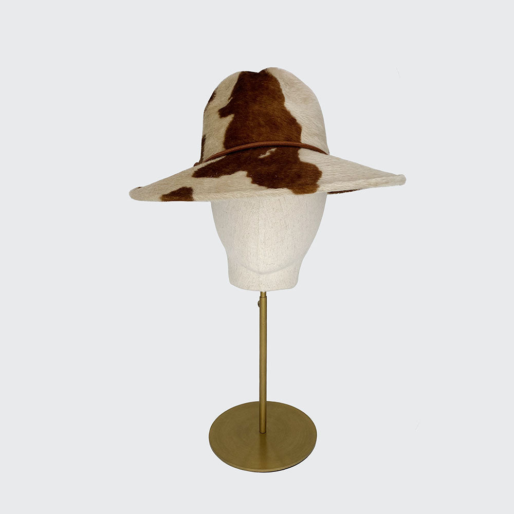 Brown cow print fedora hat leather strap