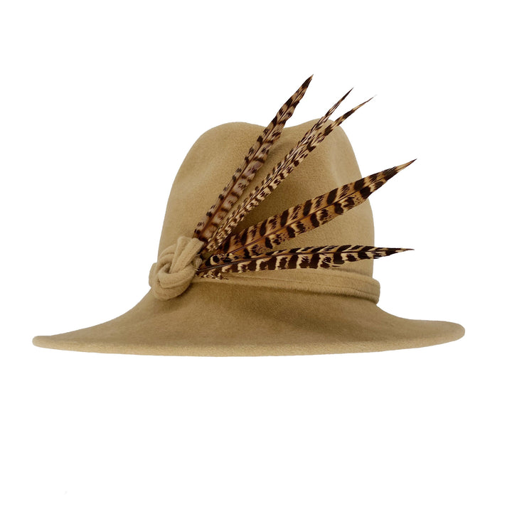 Camel velour felt Billie with pheasant feathers