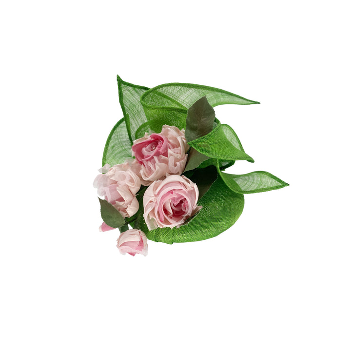 Green fine straw pillbox with blush pink roses