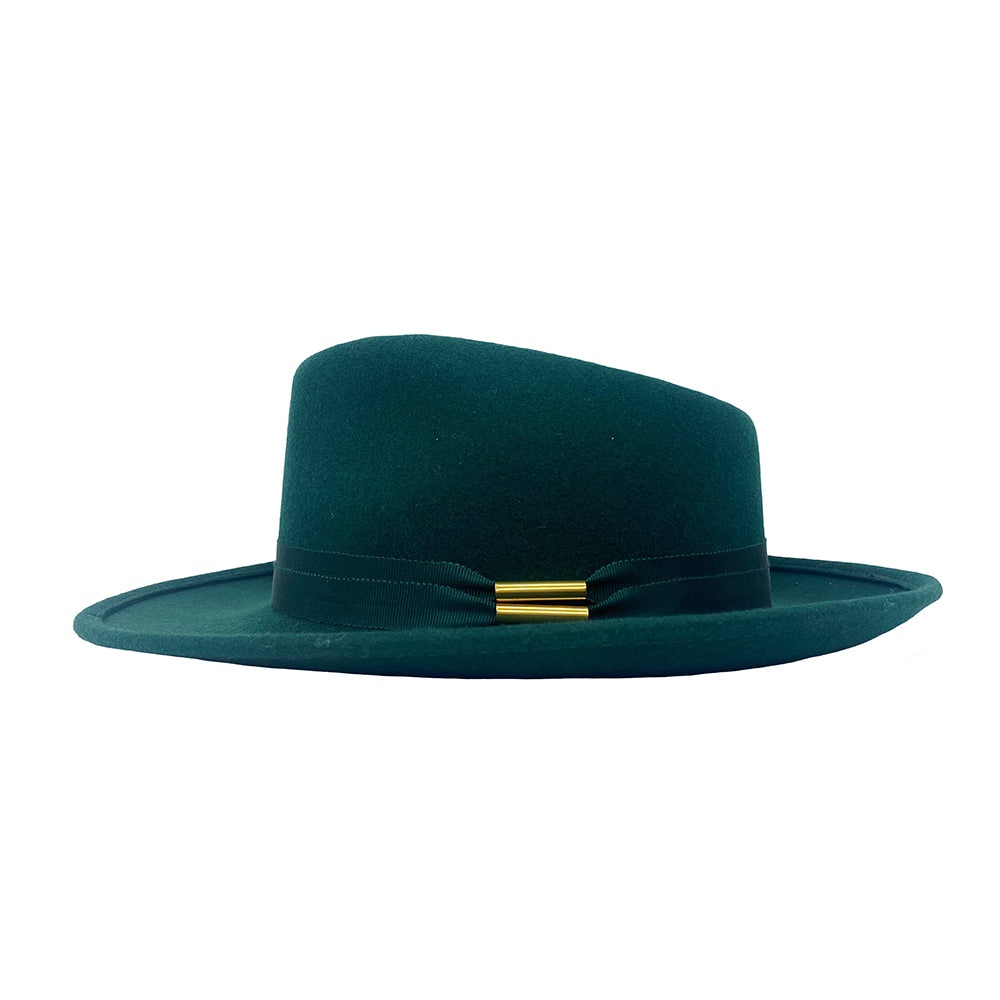 Side view of the green wool fedora with copper detail