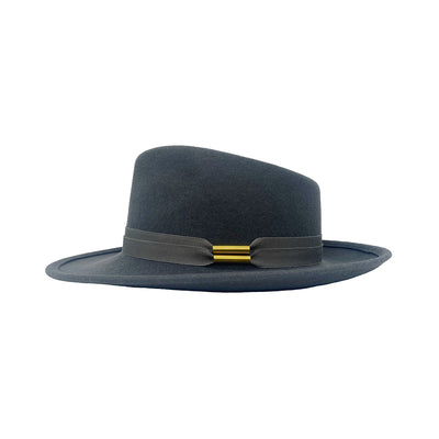 Side view of a grey wool fedora with copper detail