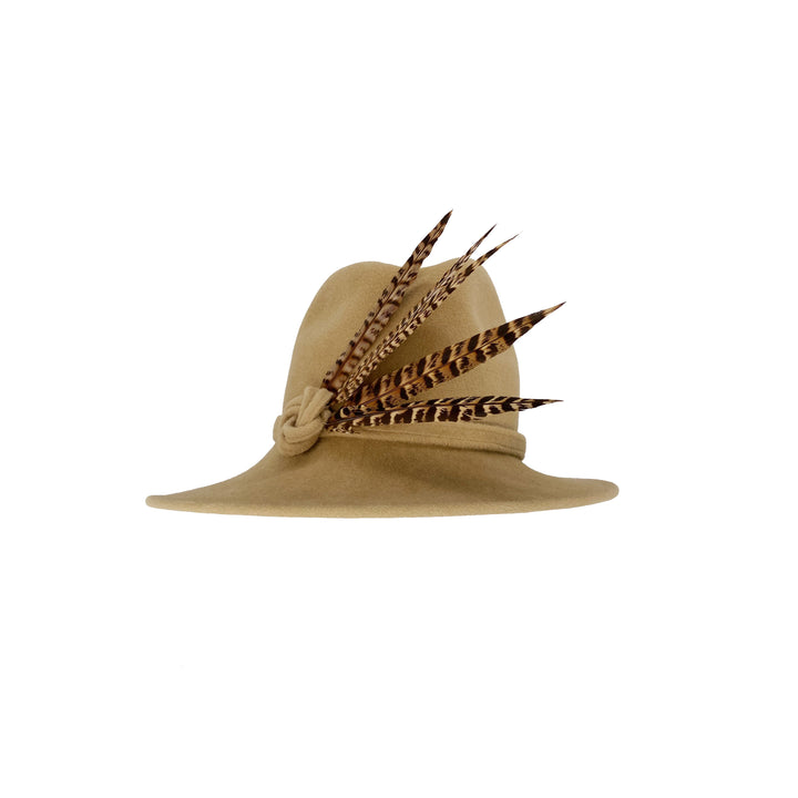 Camel velour felt trilby with pheasant feathers