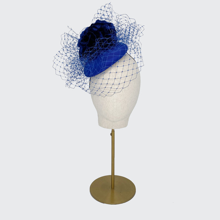 Royal blue silk pillbox with velvet roses