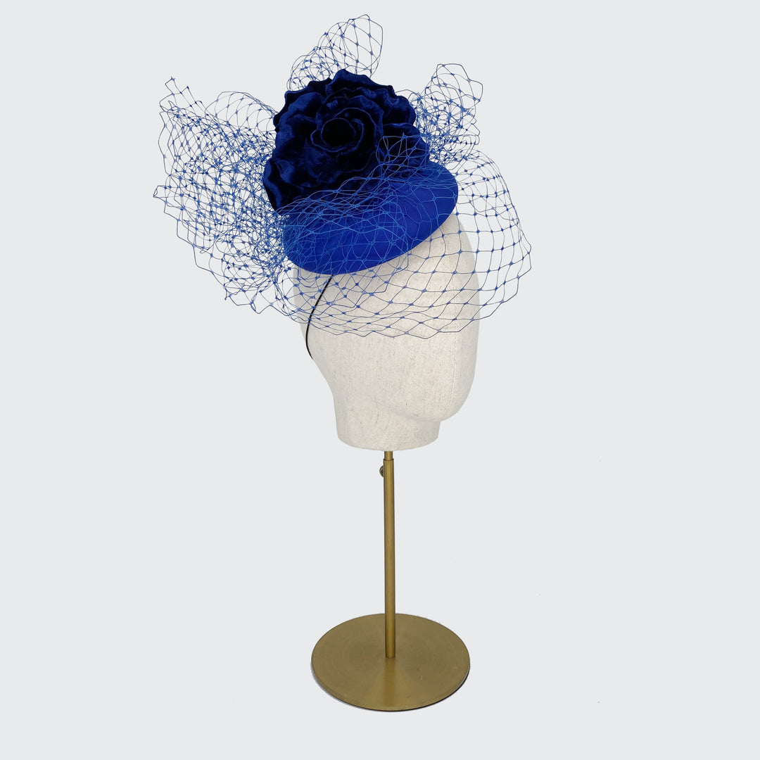 Royal blue silk pillbox with velvet roses