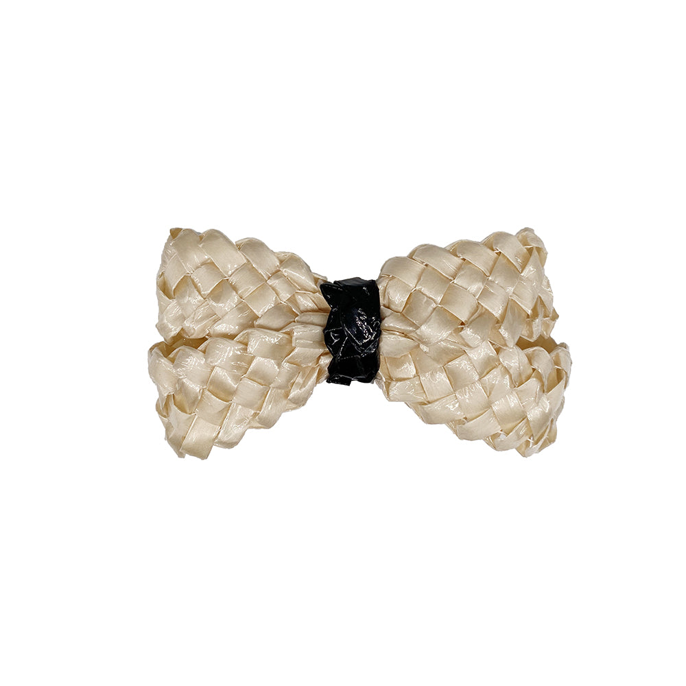 Cream and black patent straw bow hair clip