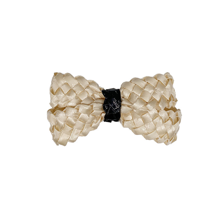 Cream and black patent straw bow hair clip