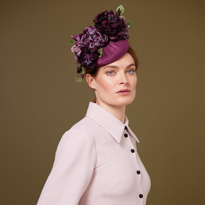 Aubergine taffeta pillbox with toned roses