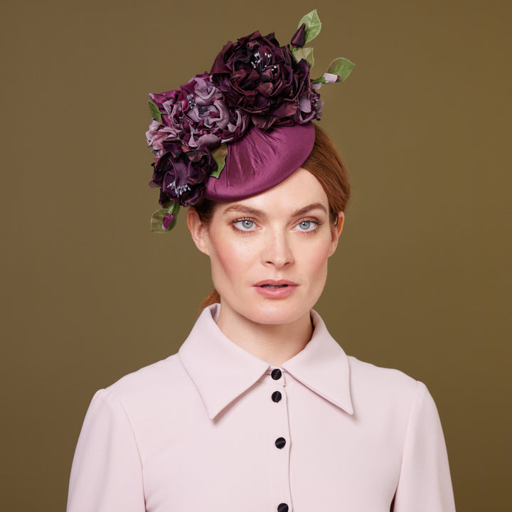 Aubergine taffeta pillbox with toned roses