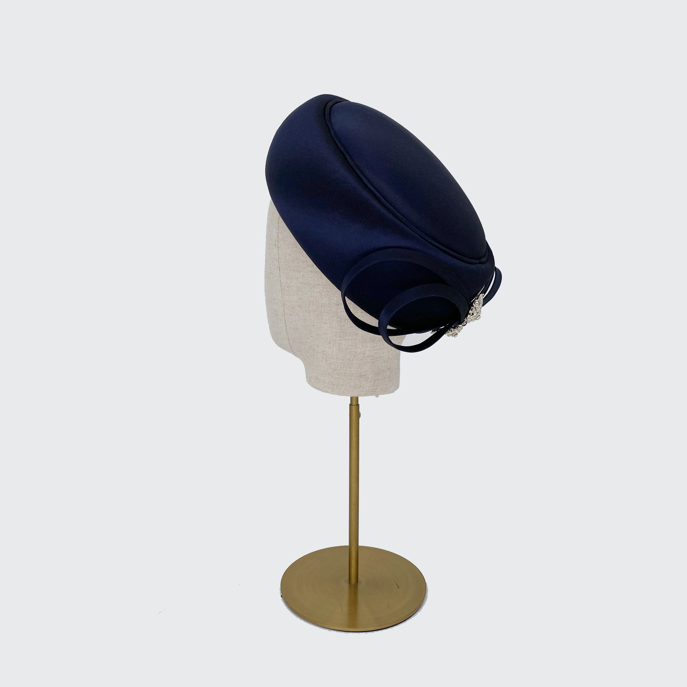 Navy taffeta Jackie O pillbox with diamante brooch