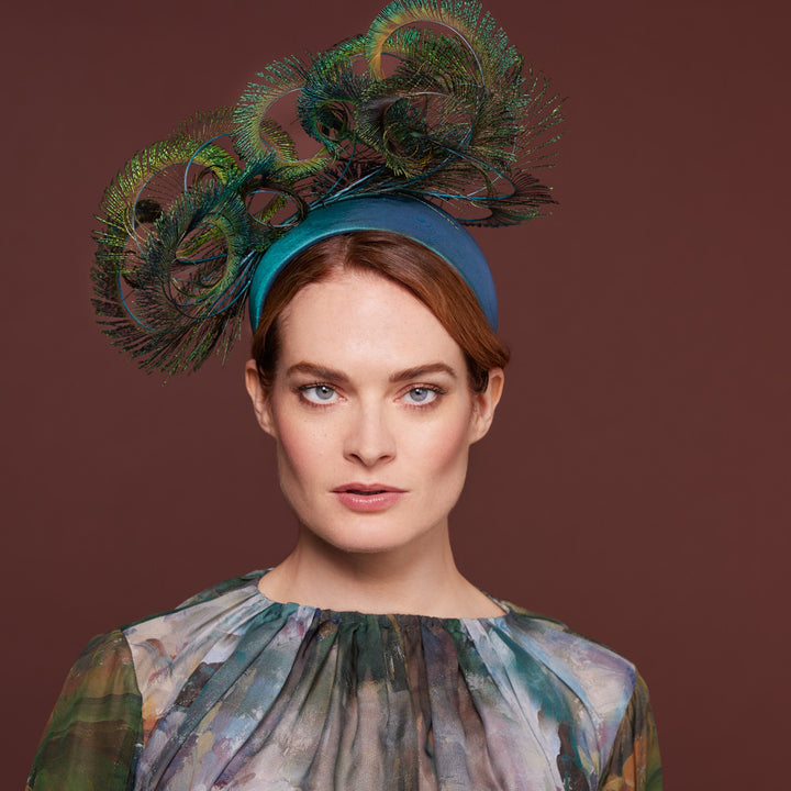 Teal wide taffeta band with peacock feathers