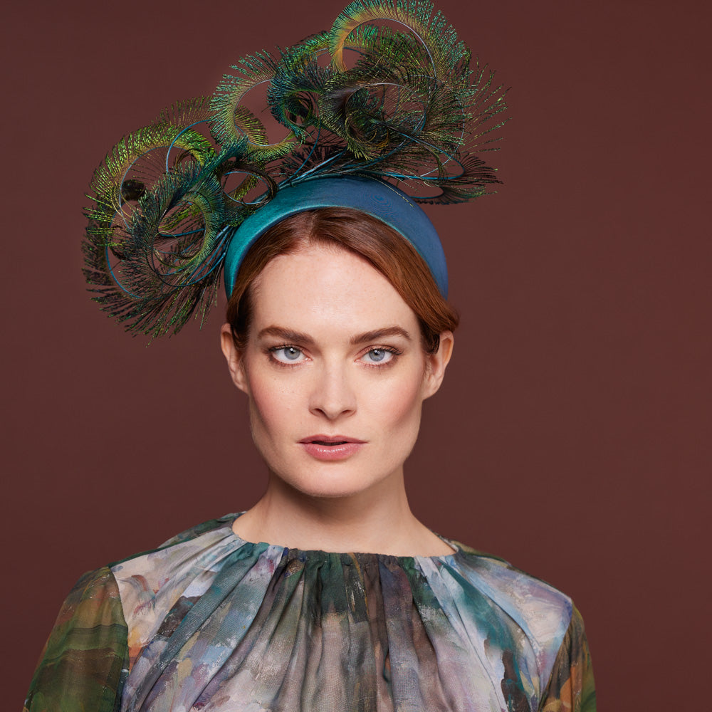 Teal wide taffeta band with peacock feathers