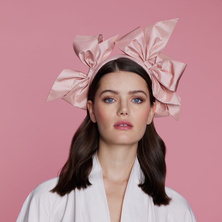 Coral straw headband with taffeta bows