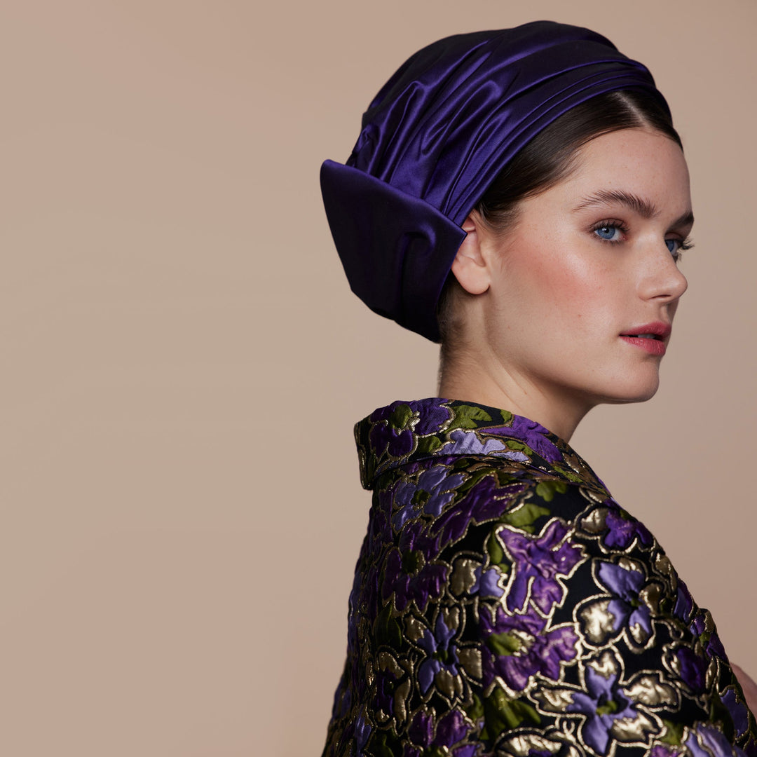 Purple silk turban with bow