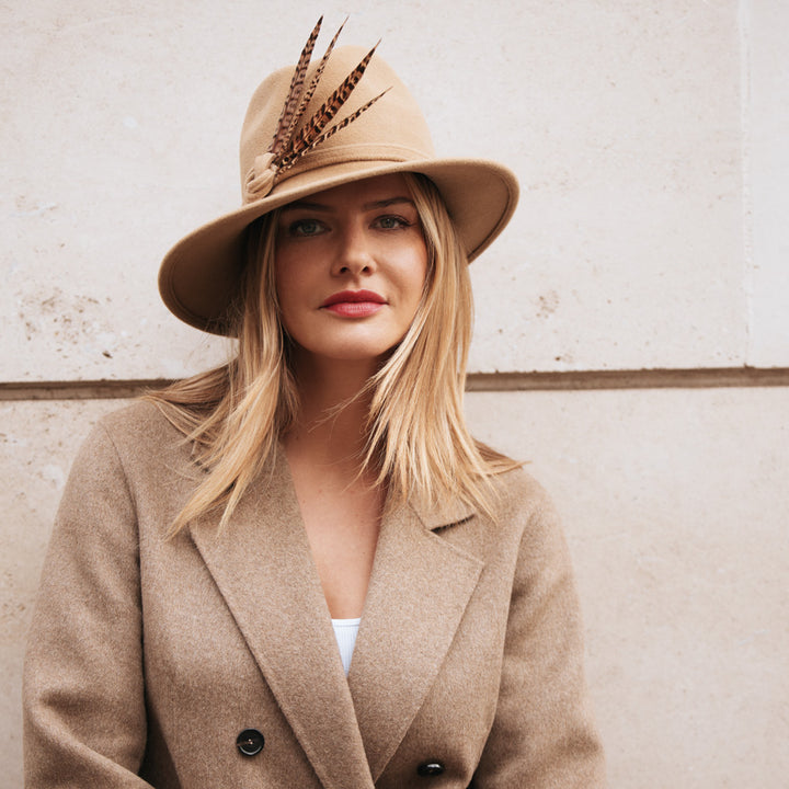 Camel velour felt trilby with pheasant feathers