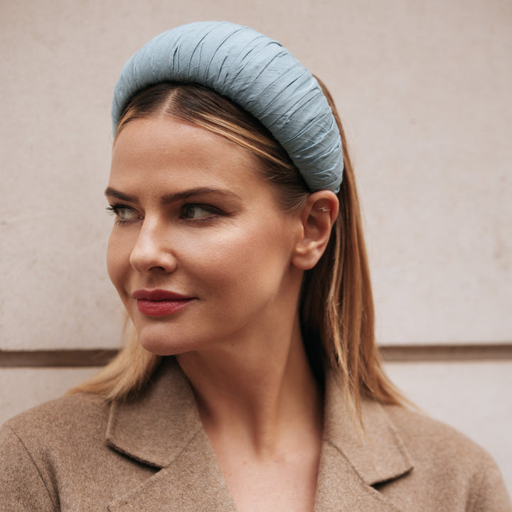 Pale blue pleated silk headband