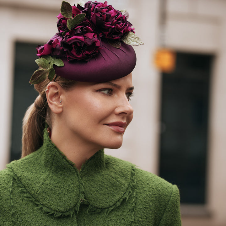 Deep purple silk flower pillbox