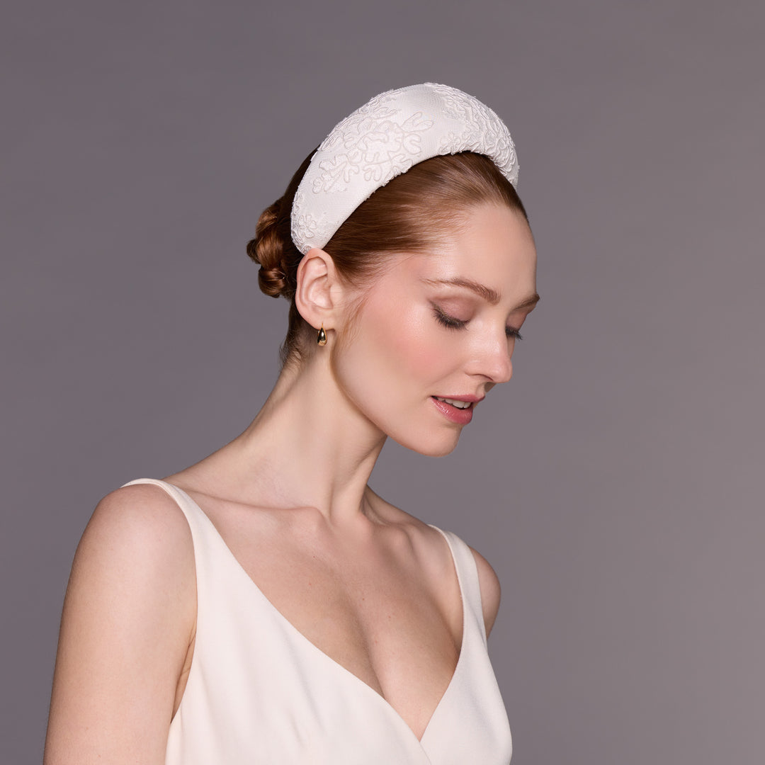 Ivory silk headband with lace overlay
