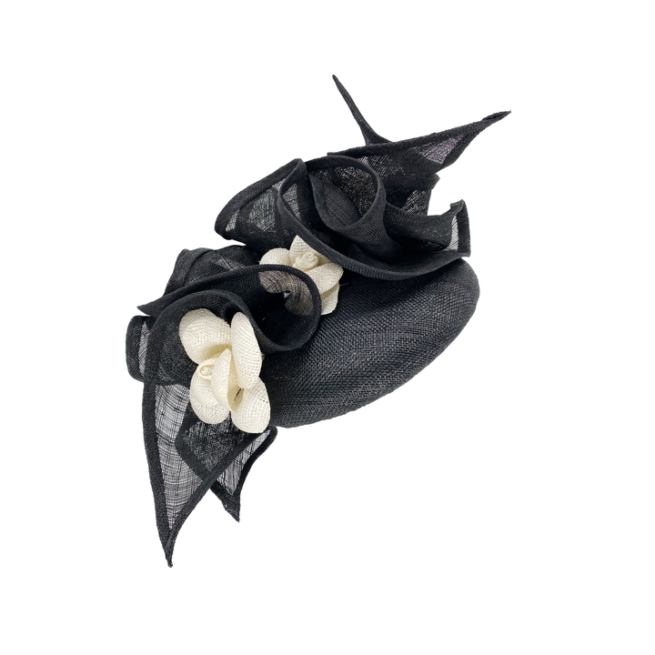 Black ruffle pillbox with ivory camellia
