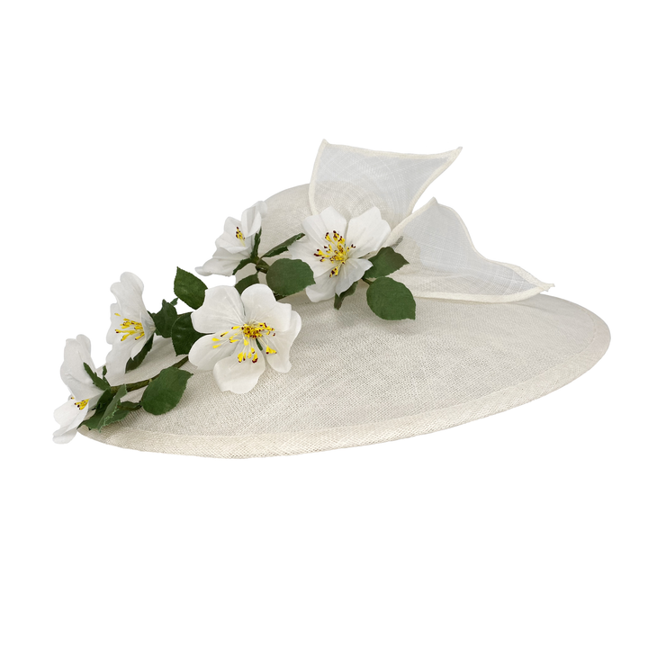 Large white downbrim with handmade silk flowers