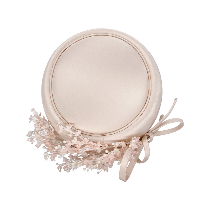 Nude pink silk Jackie O pillbox with Lily of the Valley spray