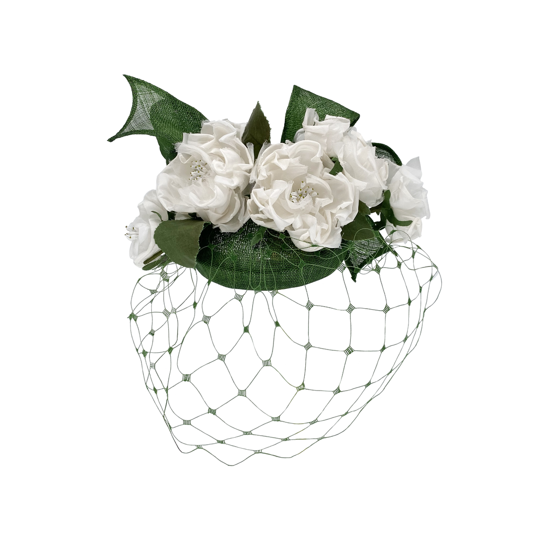 Green mini pillbox with silk roses with face veil