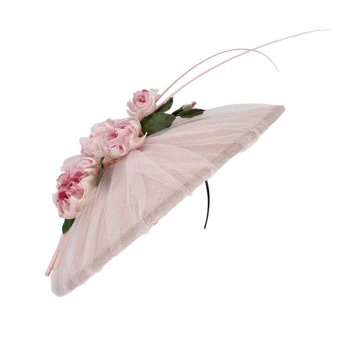 Pale pink tulle disc with handmade roses and quills