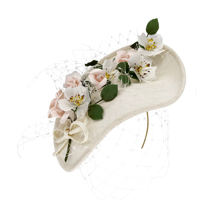 Ivory leaf disc with handmade silk flowers