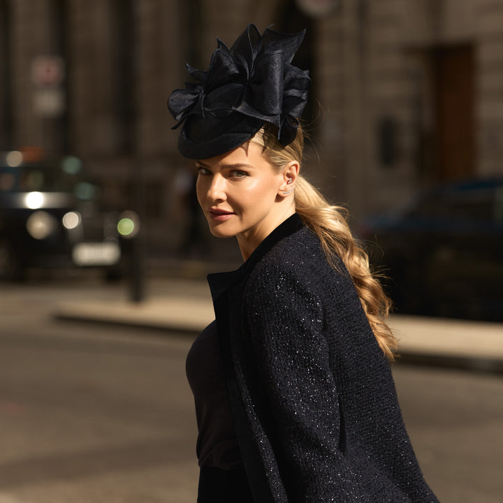 Navy fine straw button pillbox with bows