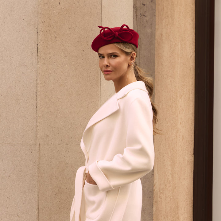 Red velour felt blocked beret with rouleau bow