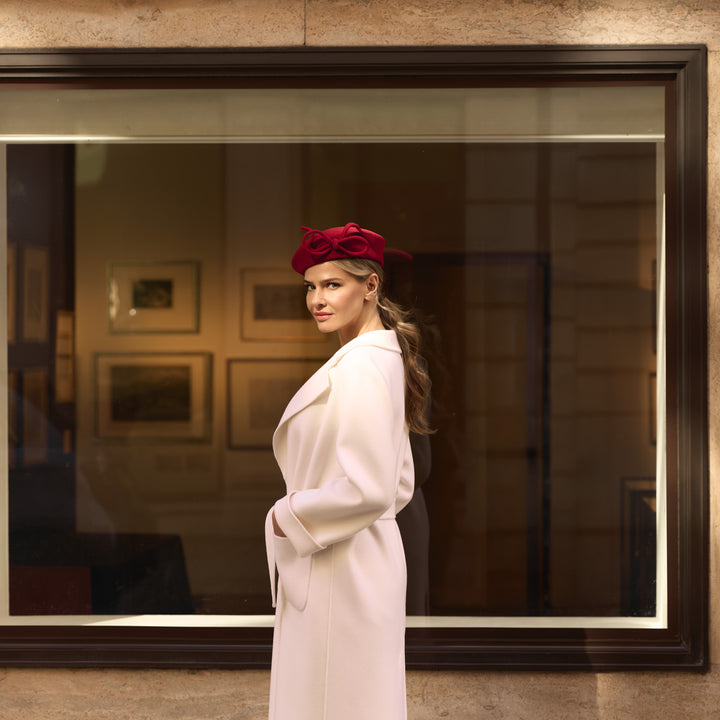 Red velour felt blocked beret with rouleau bow
