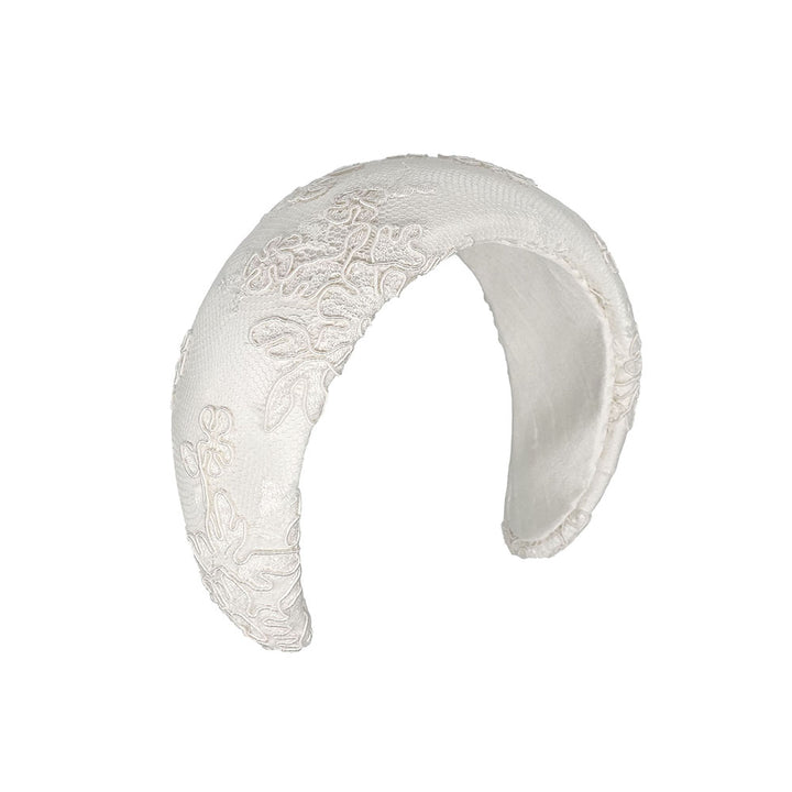 Ivory silk headband with lace overlay