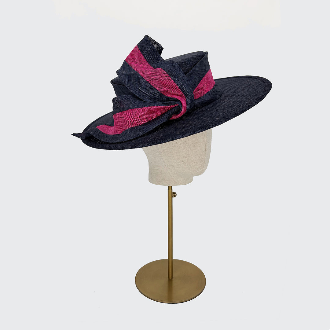 Navy boater with pink stripe scarf