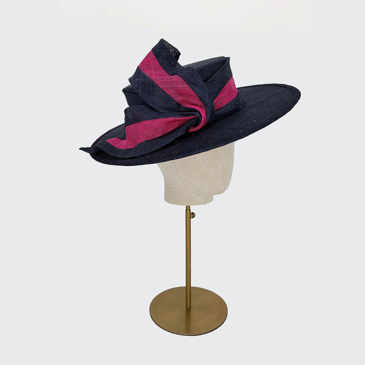 Navy boater with pink stripe scarf