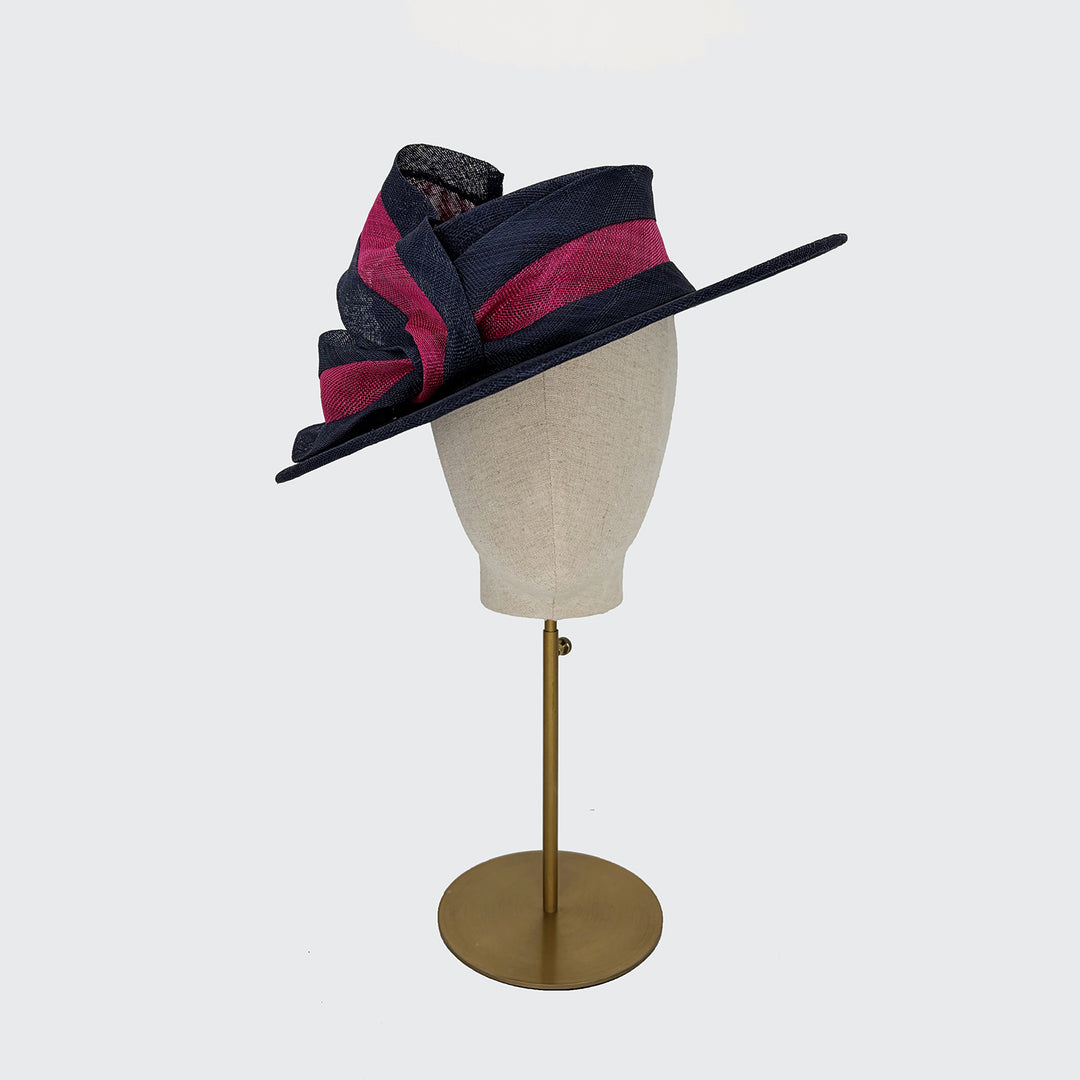 Navy boater with pink stripe scarf