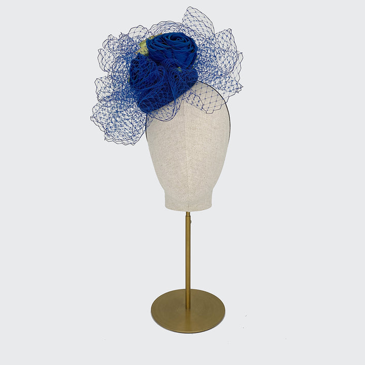 Blue silk mini pillbox with roses and veiling