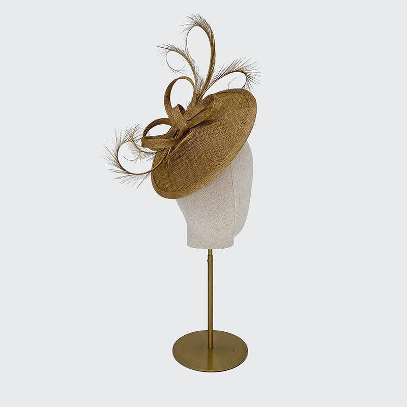 Gold fine straw disc with curled pheasant feathers