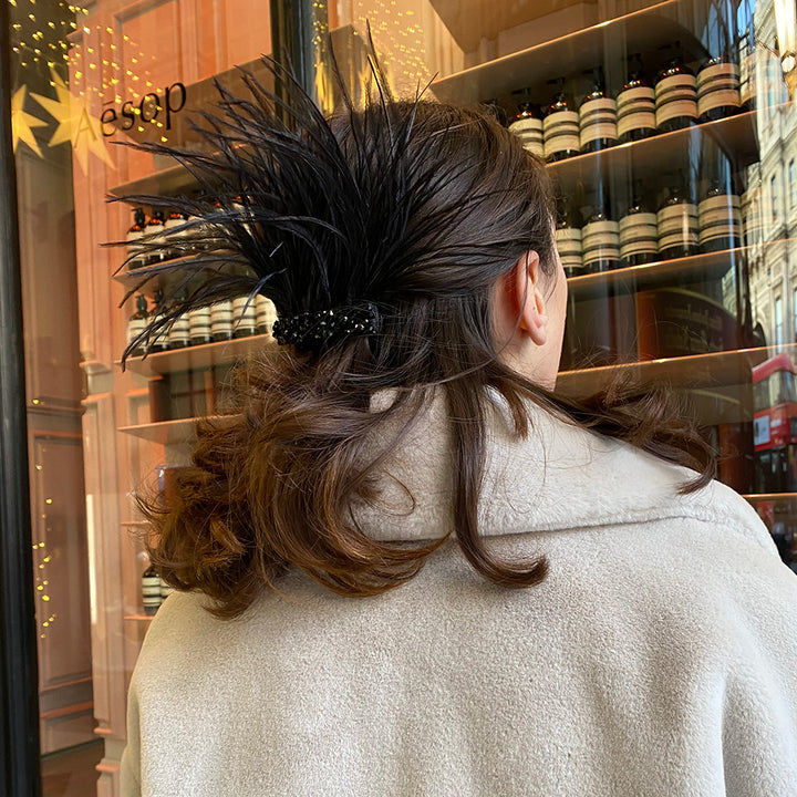 Black crystal barrette with ostrich feathers