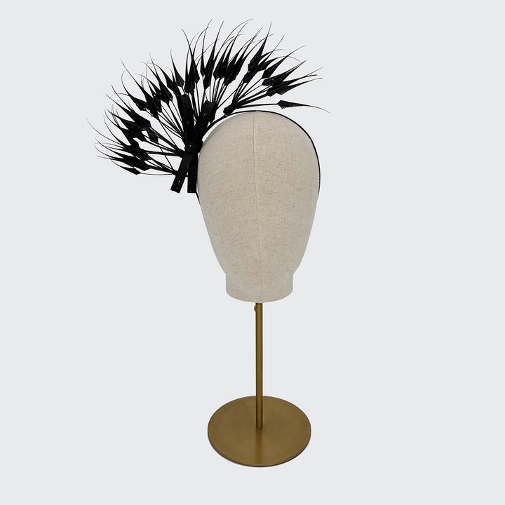Black diamond-cut feather headdress with sparkle bow