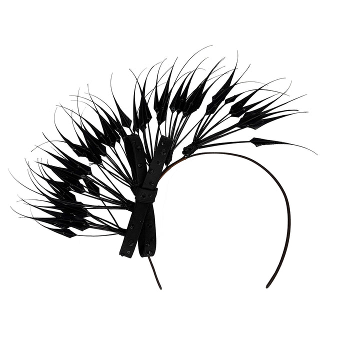 Black diamond-cut feather headdress with sparkle bow